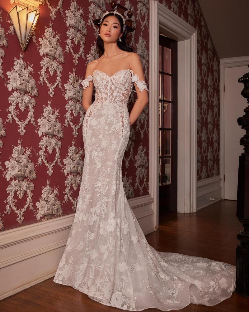La23235 modern sexy wedding dress with gloves and off the shoulder straps3